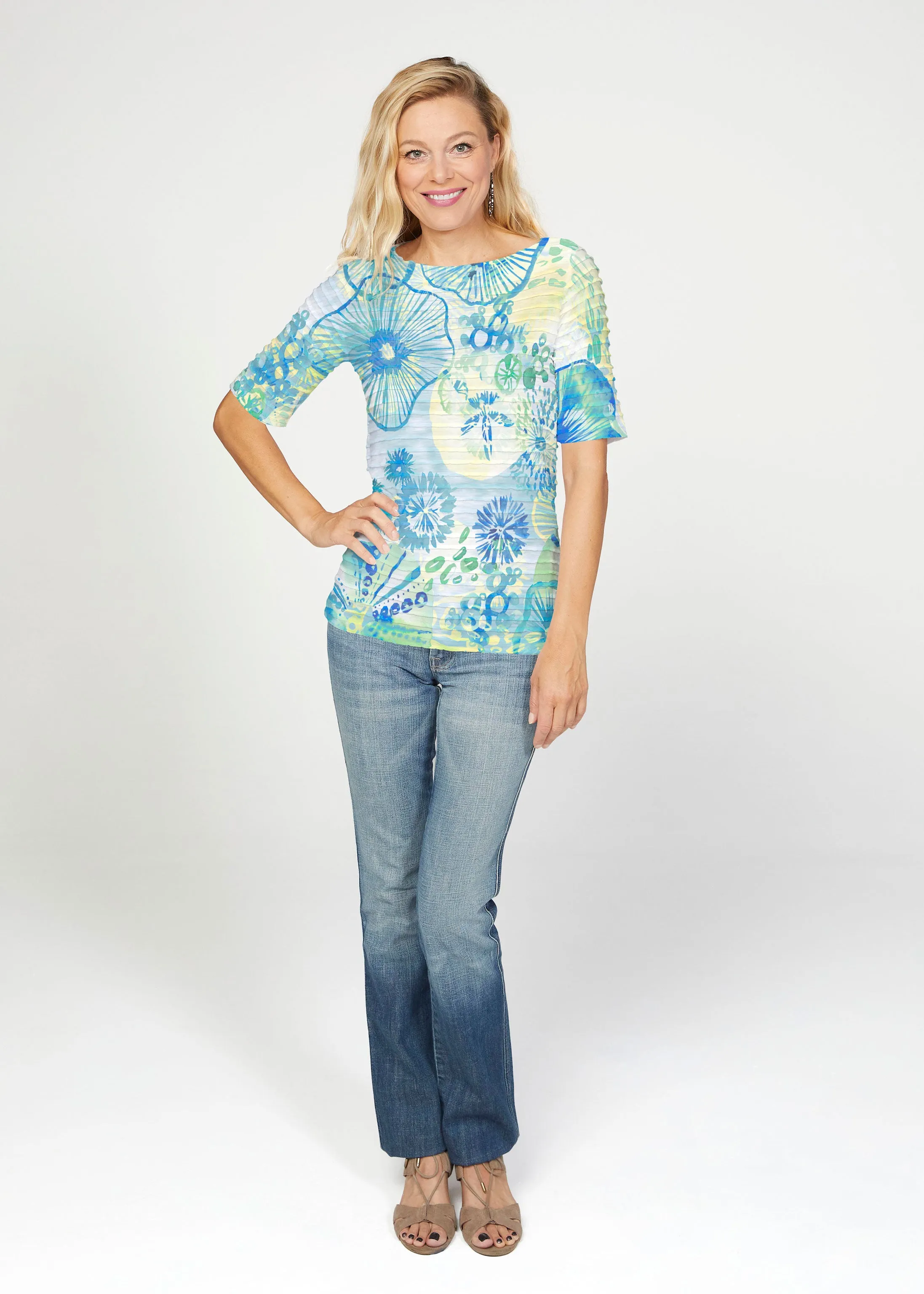 Sand Dollar Aqua (16256) ~ Banded Elbow Sleeve Boat Neck Top