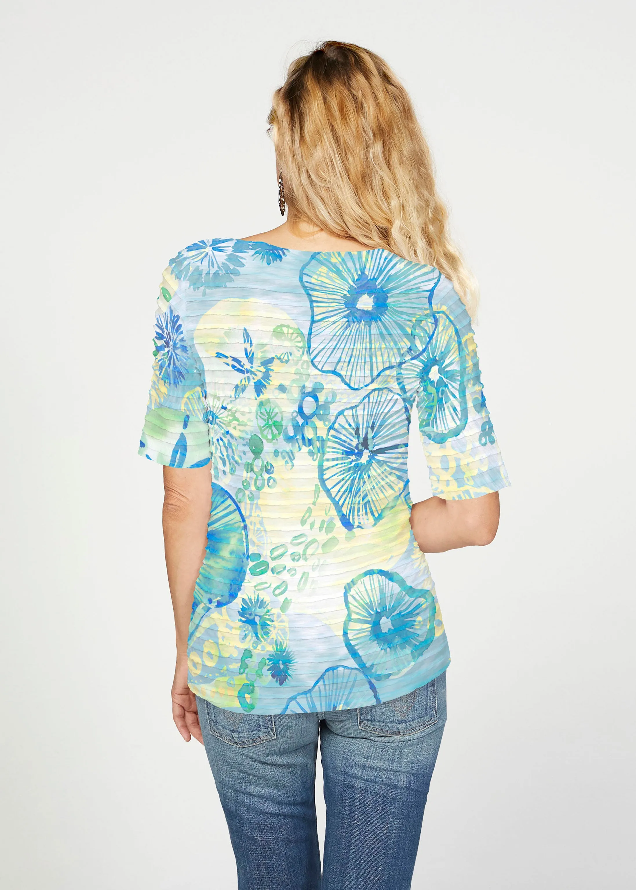 Sand Dollar Aqua (16256) ~ Banded Elbow Sleeve Boat Neck Top