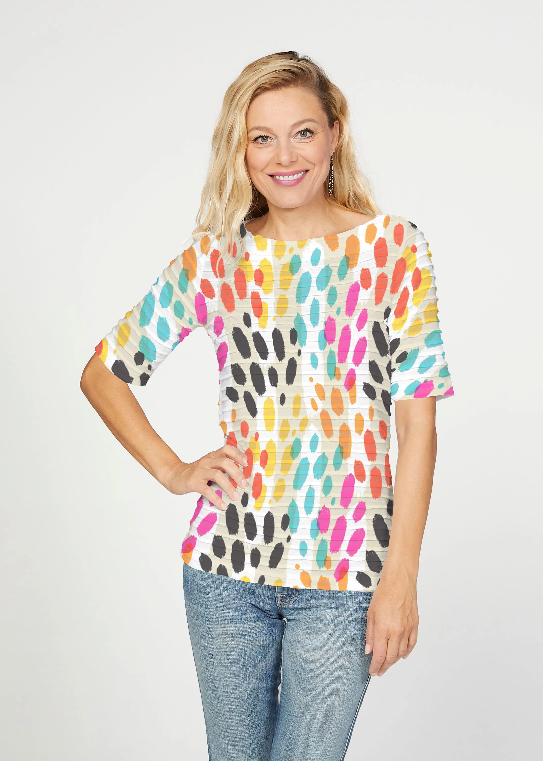 Santa Fe (14267) ~ Banded Elbow Sleeve Boat Neck Top
