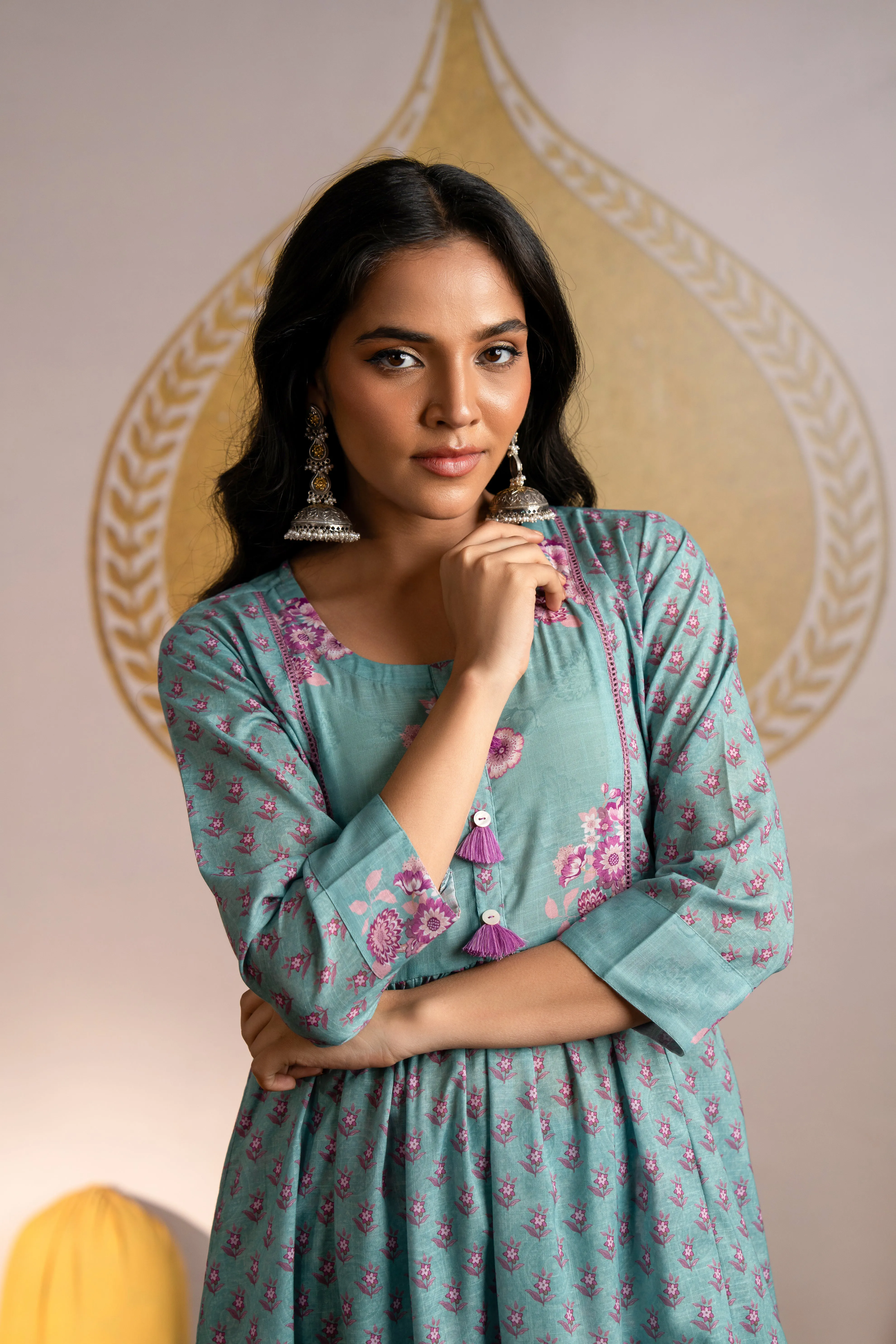 Sea Green and Pink Block Print Kurta Pant Set
