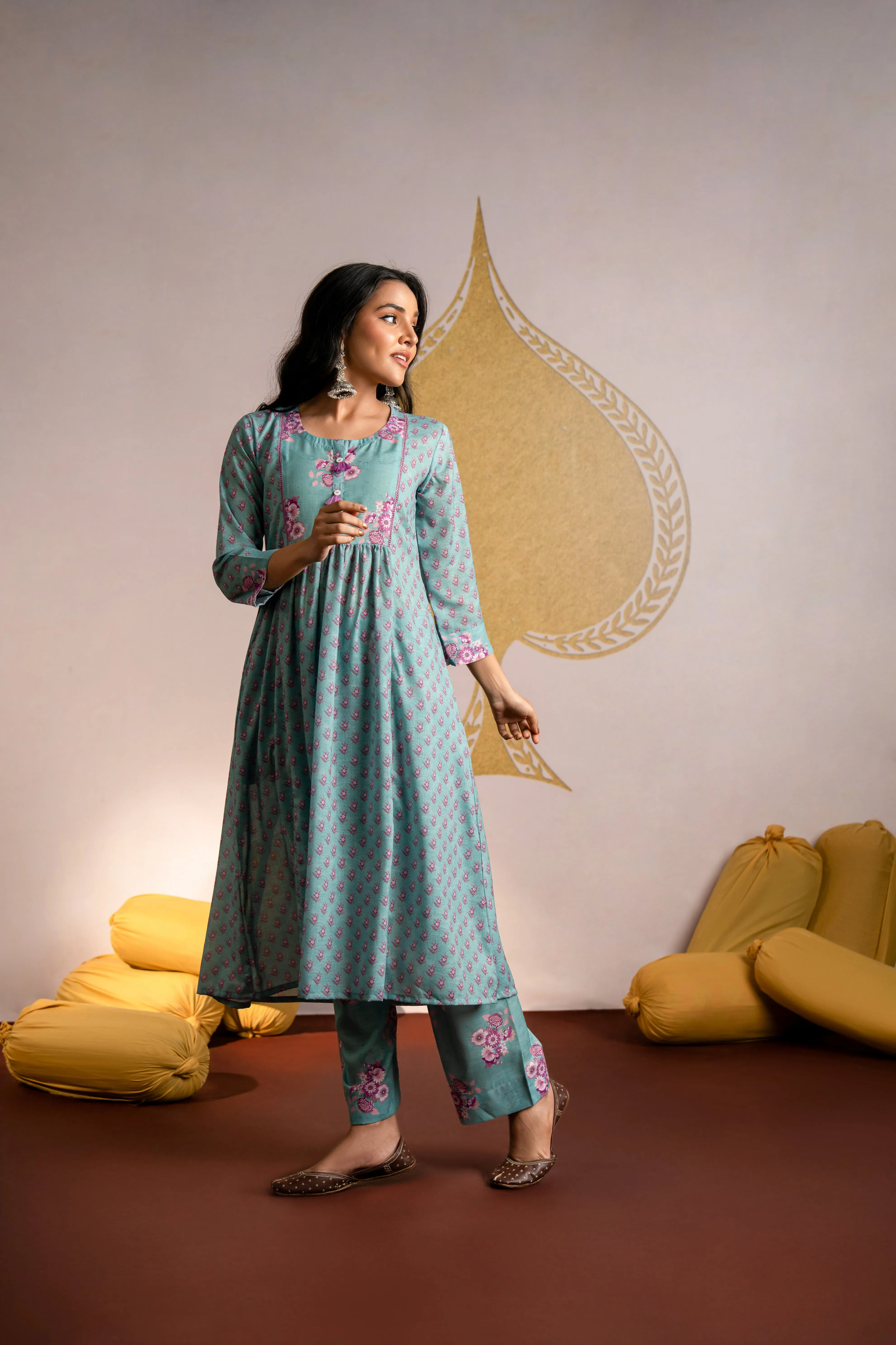 Sea Green and Pink Block Print Kurta Pant Set