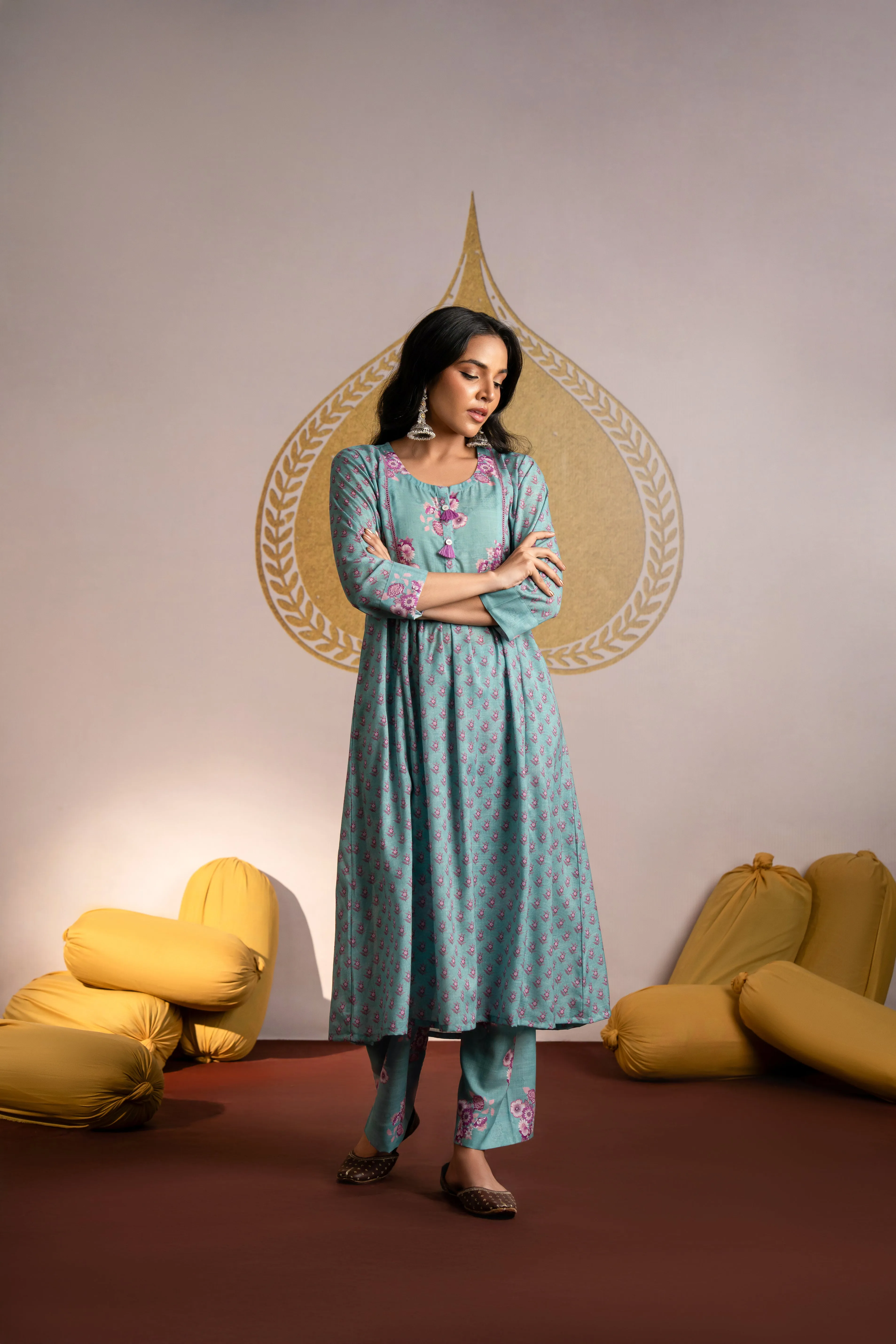 Sea Green and Pink Block Print Kurta Pant Set
