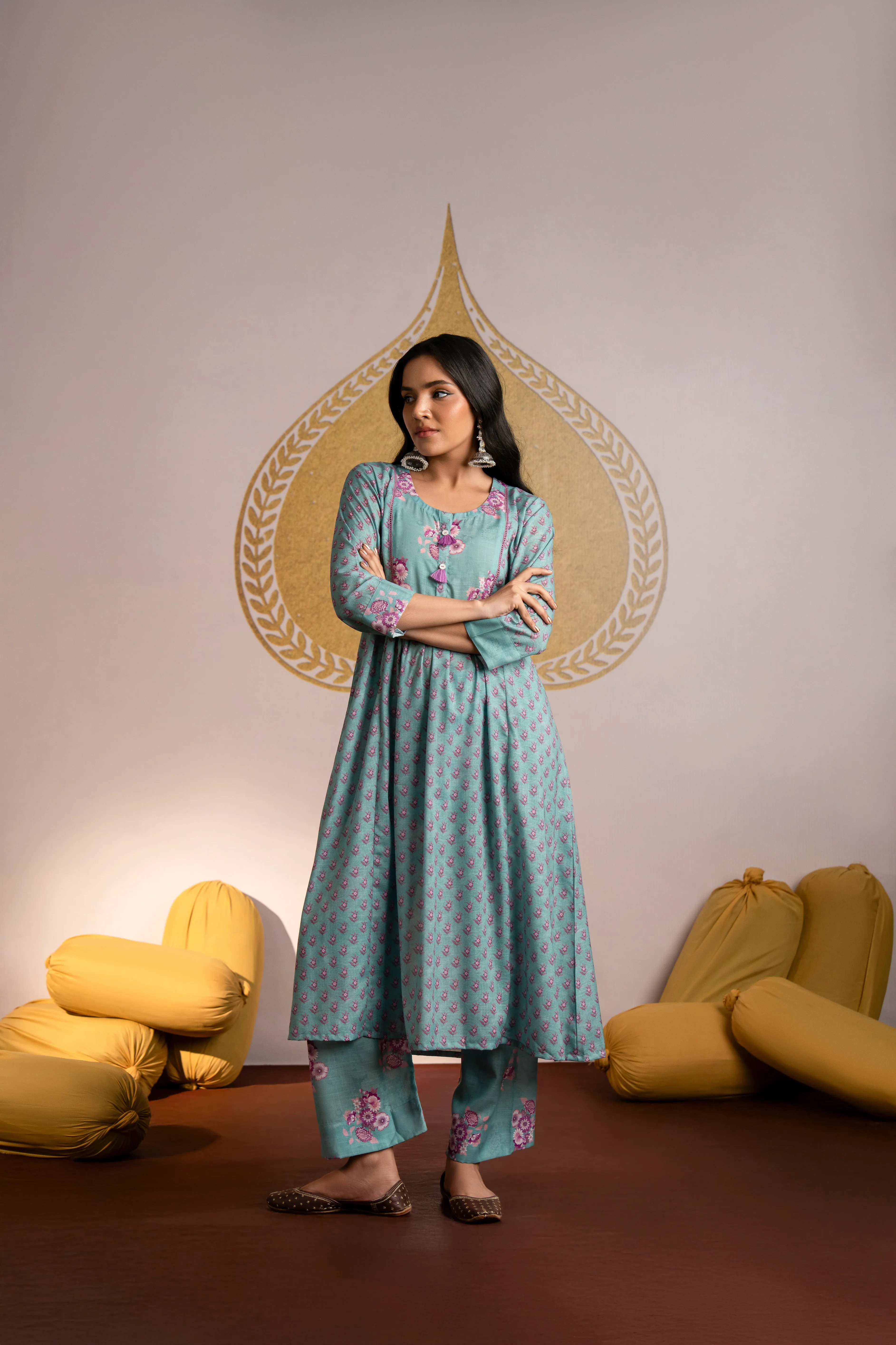 Sea Green and Pink Block Print Kurta Pant Set