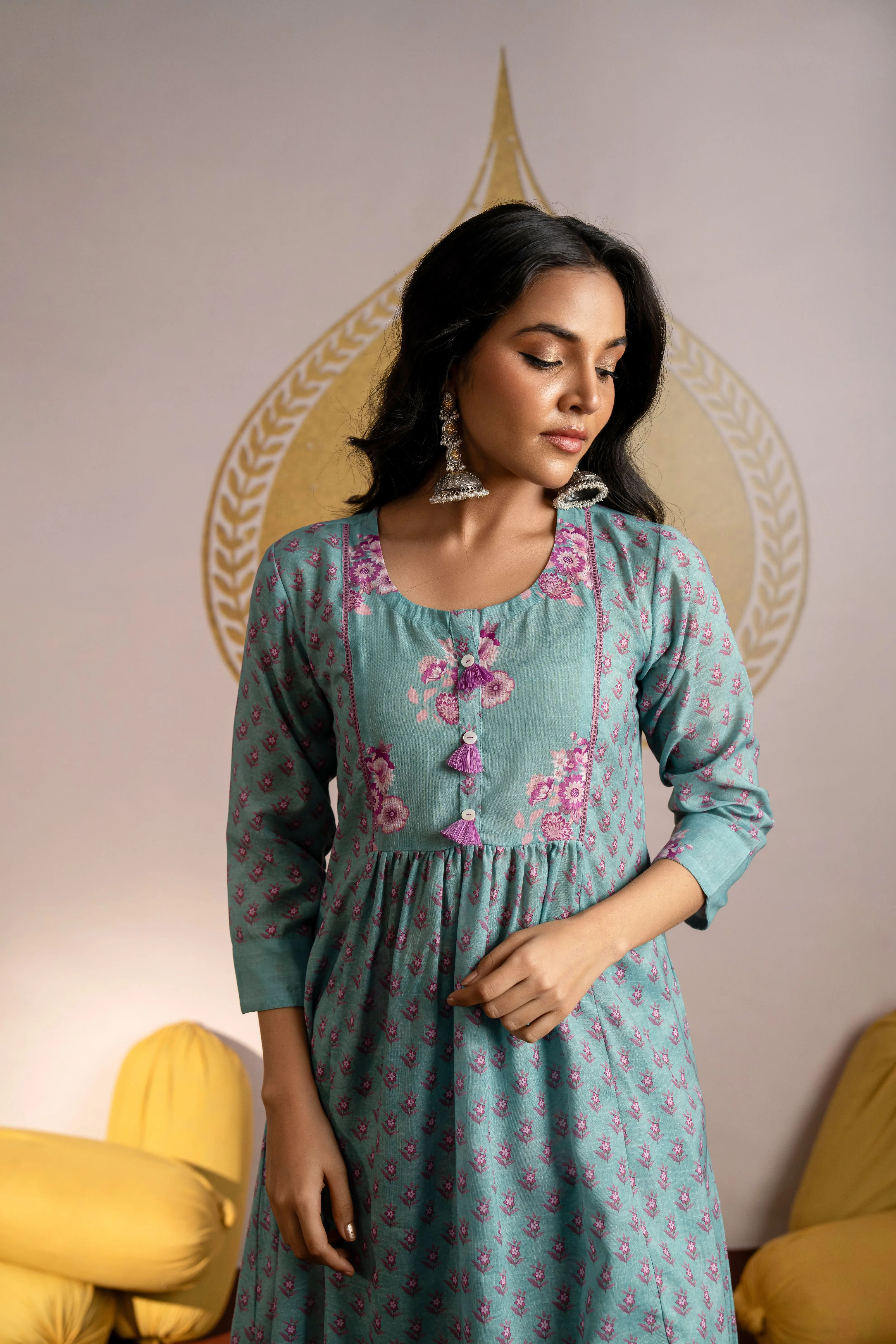 Sea Green and Pink Block Print Kurta Pant Set