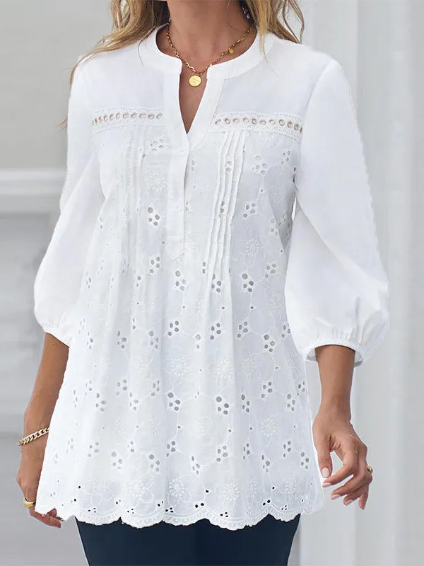Solid V-Neck Lace Shirt