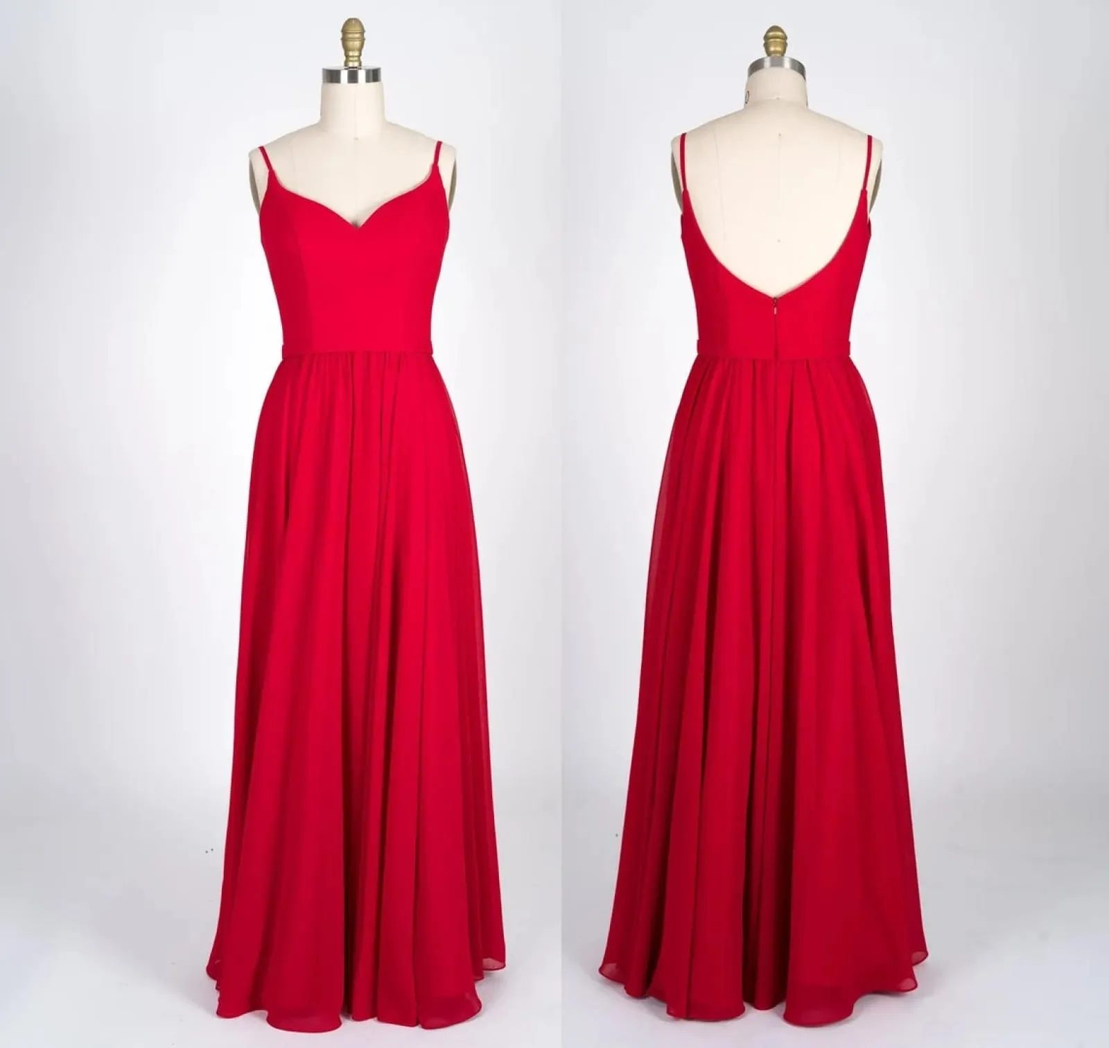Spaghetti Strap Sweetheart U Back Red Chiffon Bridesmaid Dress