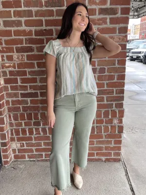 Sparta Striped Short Flutter Slv Square Neck Top