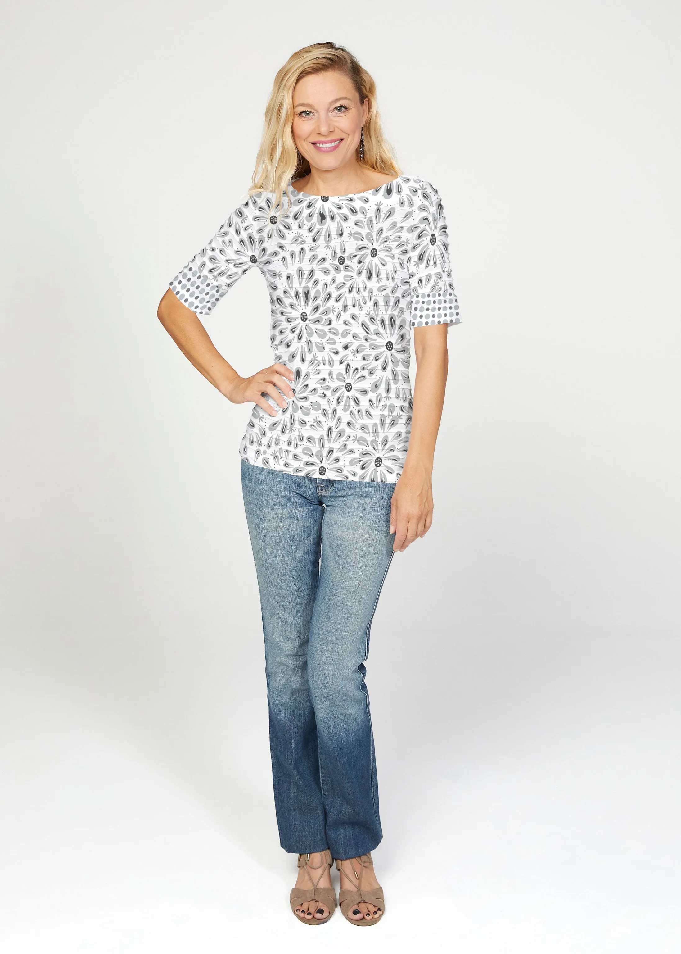 Splashy Dots Black (7921) ~ Banded Elbow Sleeve Boat Neck Top