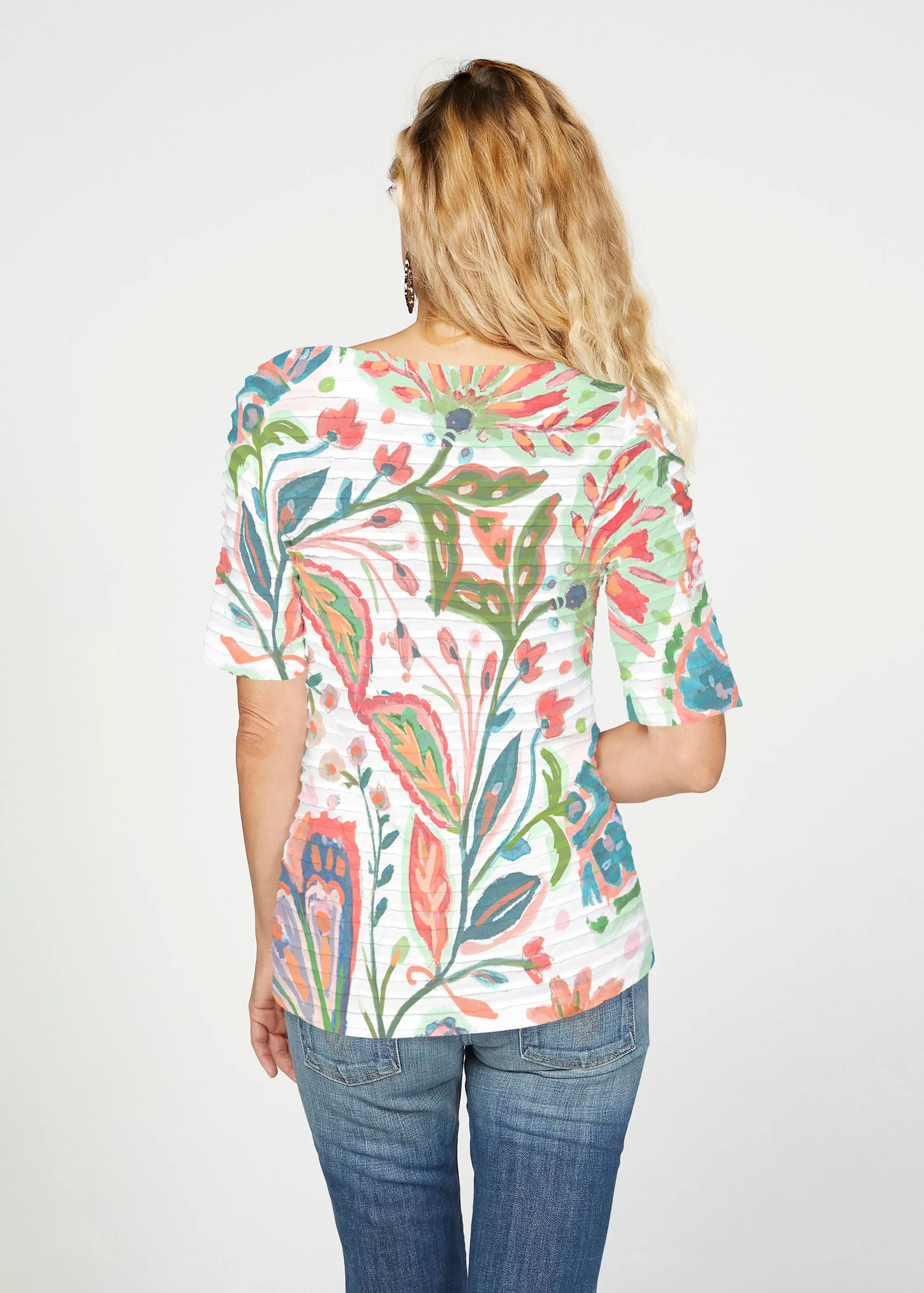 Spring Fantasy Pink (17225) ~ Banded Elbow Sleeve Boat Neck Top