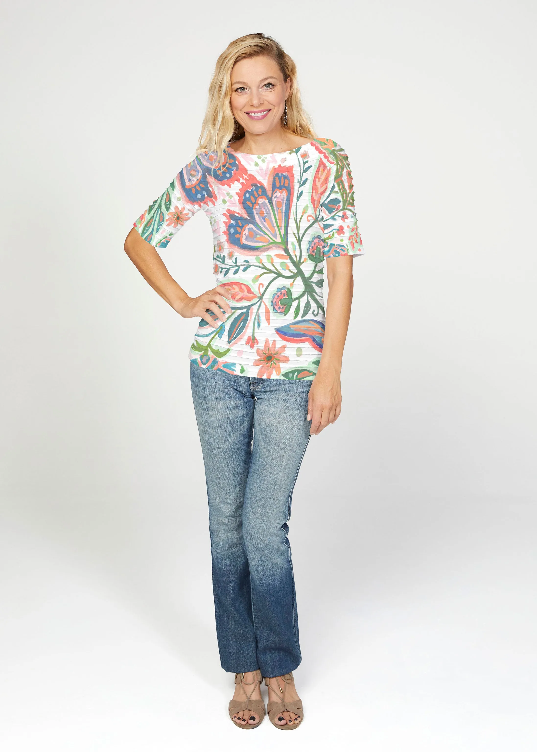 Spring Fantasy Pink (17225) ~ Banded Elbow Sleeve Boat Neck Top