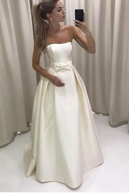 Strapless Satin Simple Bride Dress with Bow Sash
