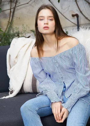Stripe Off Shoulder Blouse in Blue by Shop at Konus