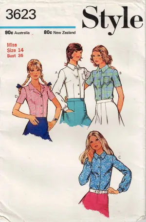 Style 3623 Womens Classic Long or Short Sleeved Blouse 1970s Vintage Sewing Pattern Size 14 Bust 36 inches