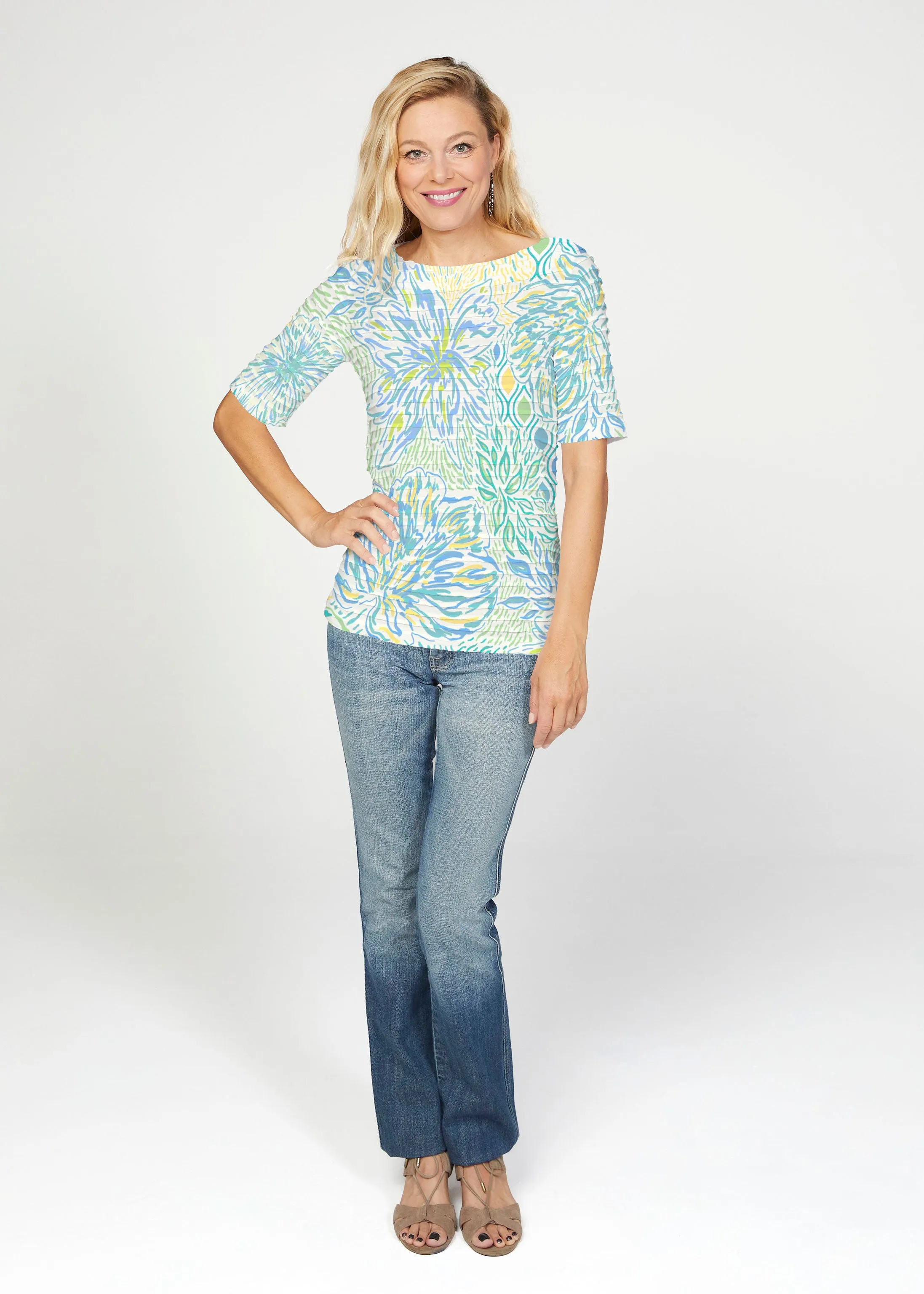 Summer Vibes (8069) ~ Banded Elbow Sleeve Boat Neck Top