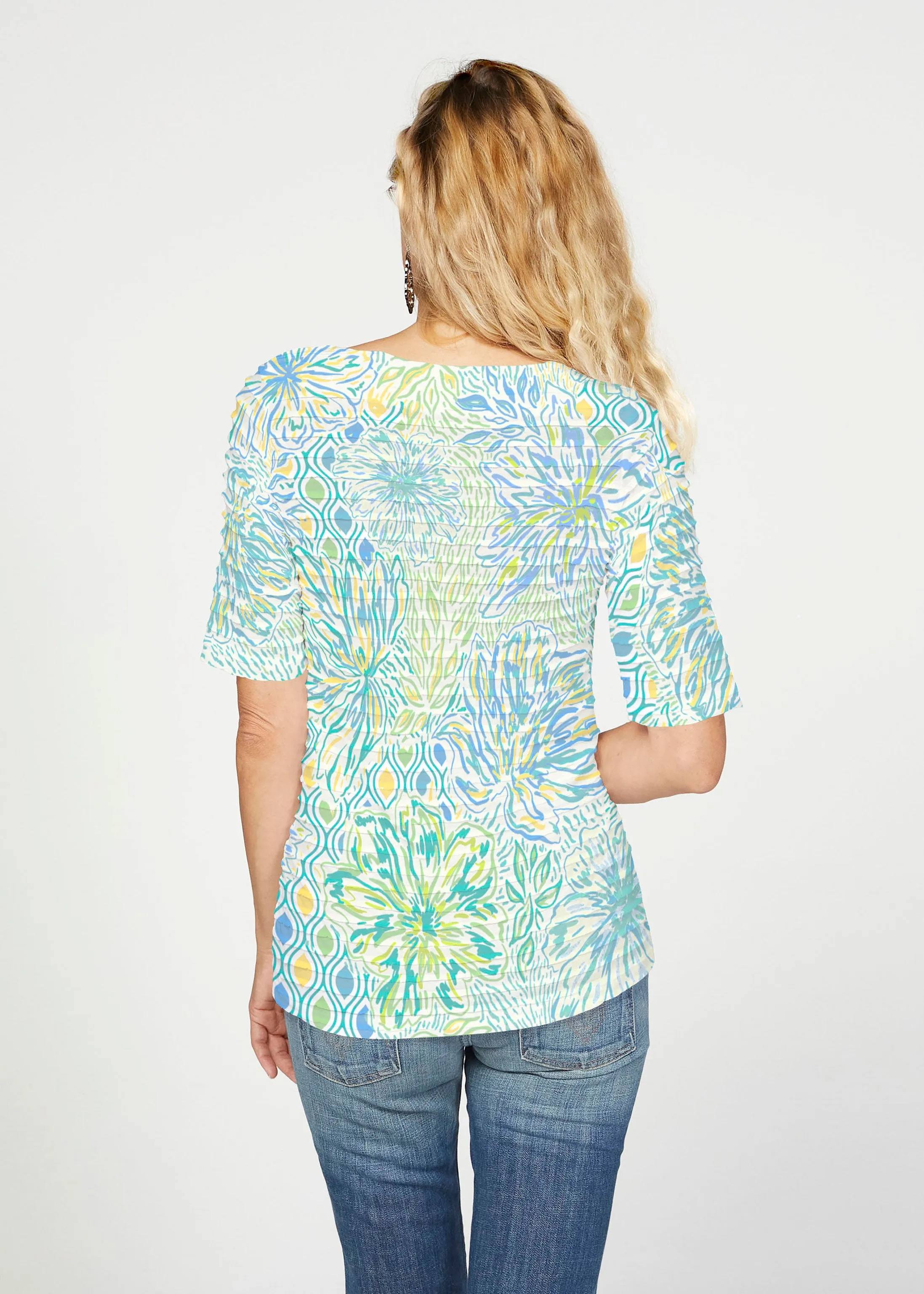 Summer Vibes (8069) ~ Banded Elbow Sleeve Boat Neck Top