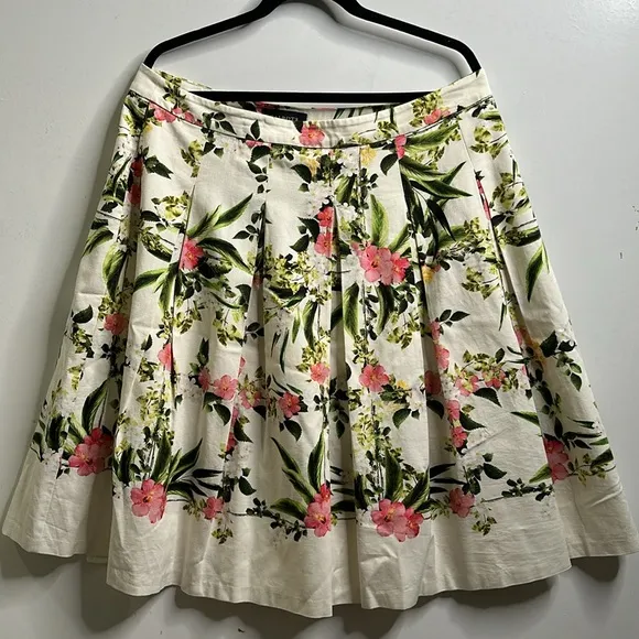 Talbots floral pleated cotton blend skirt ivory pink green size 14