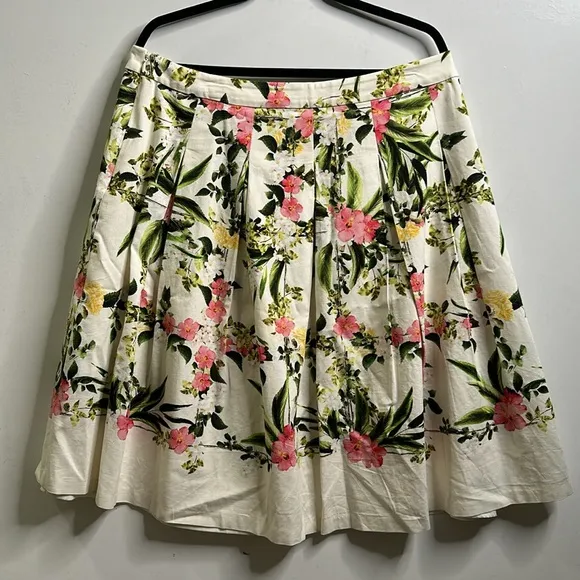 Talbots floral pleated cotton blend skirt ivory pink green size 14