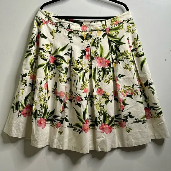Talbots floral pleated cotton blend skirt ivory pink green size 14