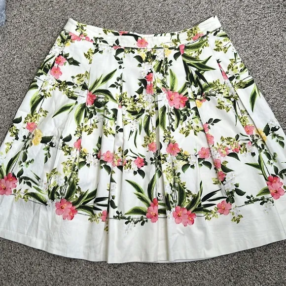 Talbots floral pleated cotton blend skirt ivory pink green size 14