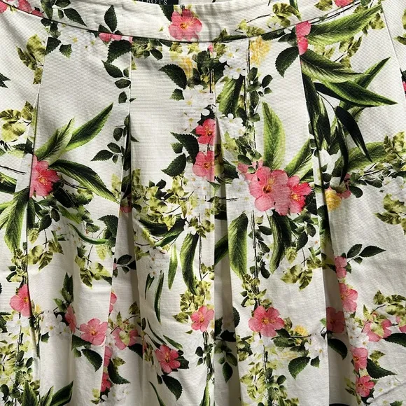 Talbots floral pleated cotton blend skirt ivory pink green size 14