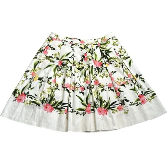 Talbots floral pleated cotton blend skirt ivory pink green size 14
