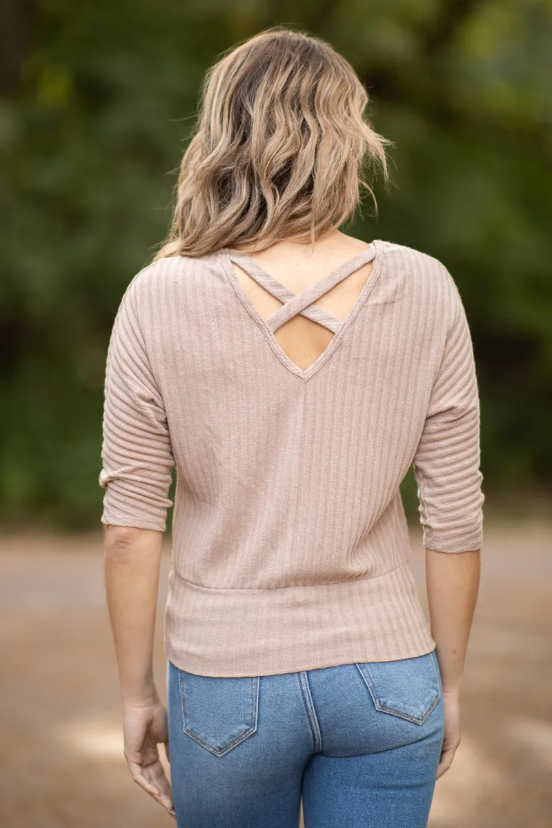 Taupe Textured V-Neck Dolman Sleeve Top