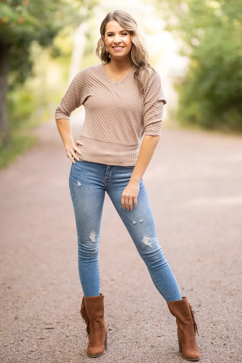Taupe Textured V-Neck Dolman Sleeve Top