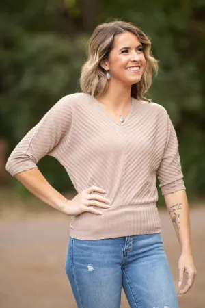 Taupe Textured V-Neck Dolman Sleeve Top