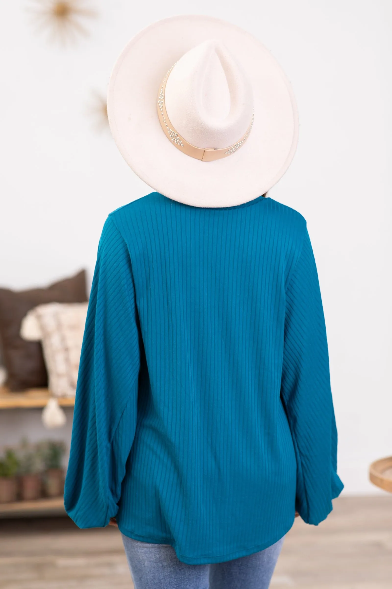 Teal V-Neck Balloon Sleeve Top