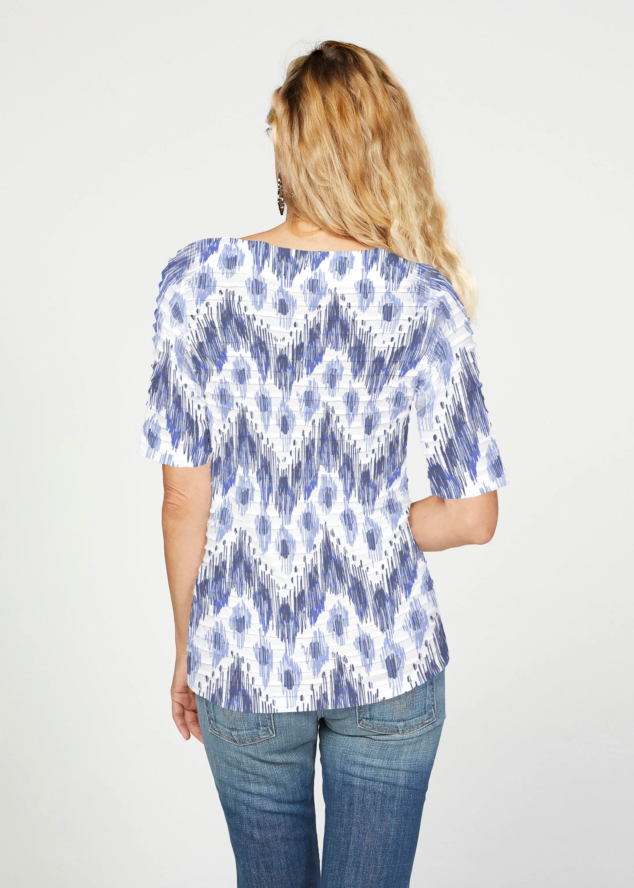 Tonal Waves Blue (7804) ~ Banded Elbow Sleeve Boat Neck Top