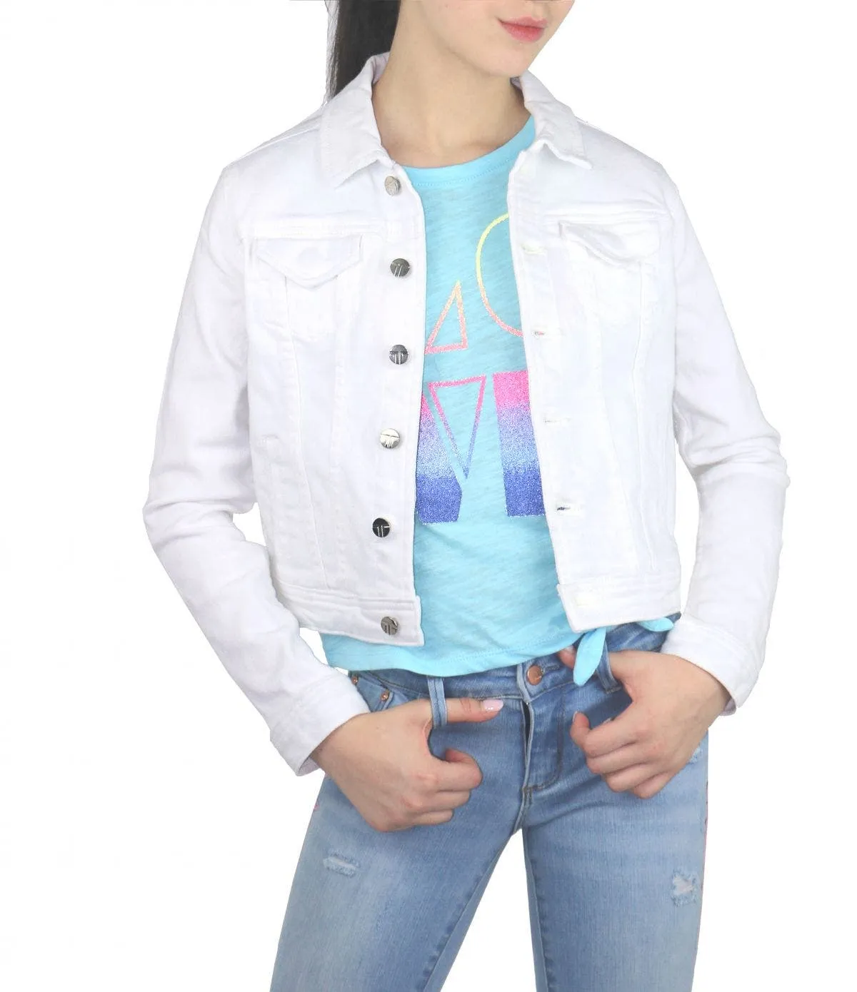 Tractr Girls White Raw Edge Hem Denim Jacket