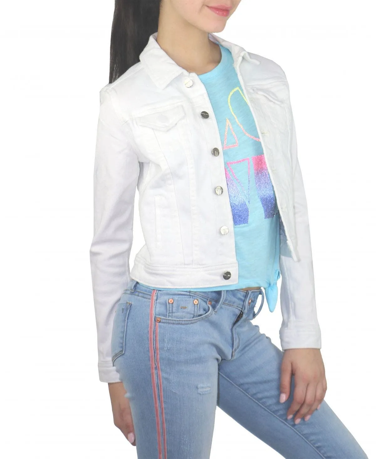 Tractr Girls White Raw Edge Hem Denim Jacket