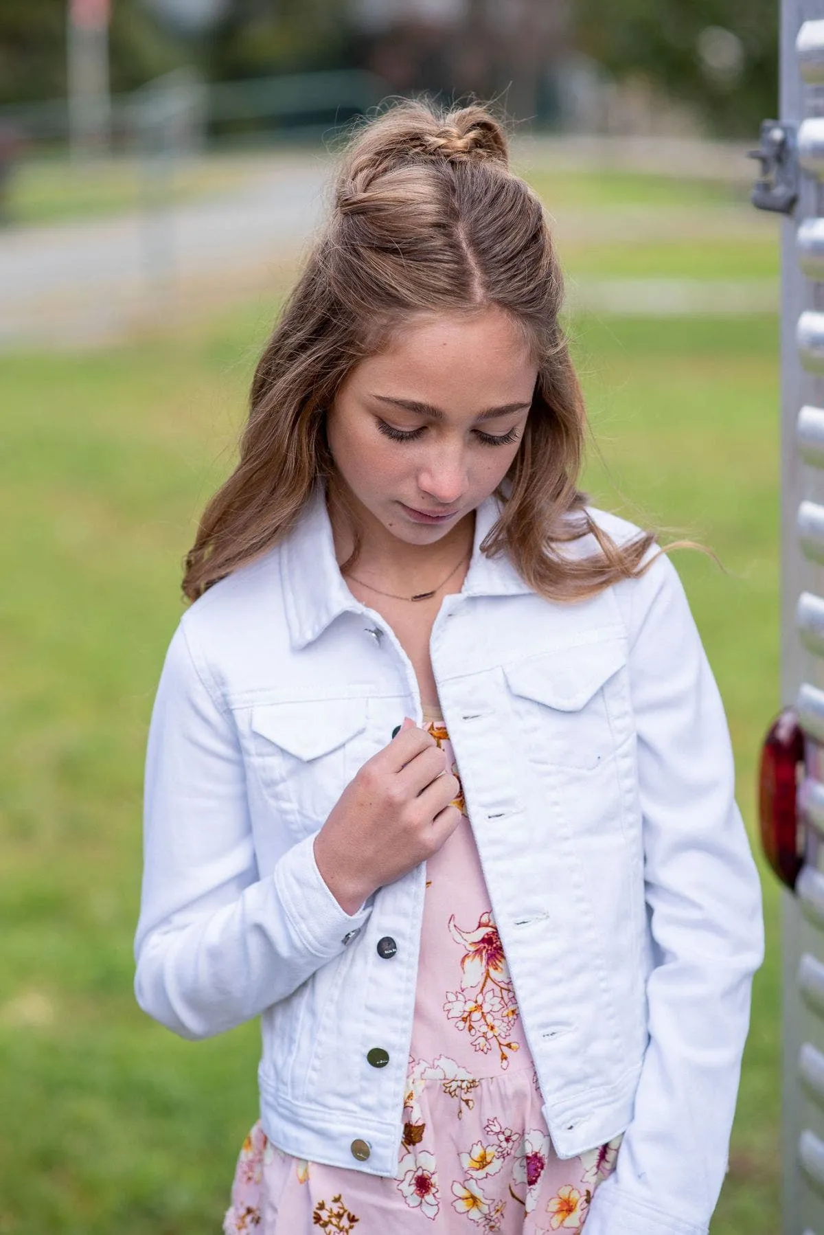 Tractr Girls White Raw Edge Hem Denim Jacket