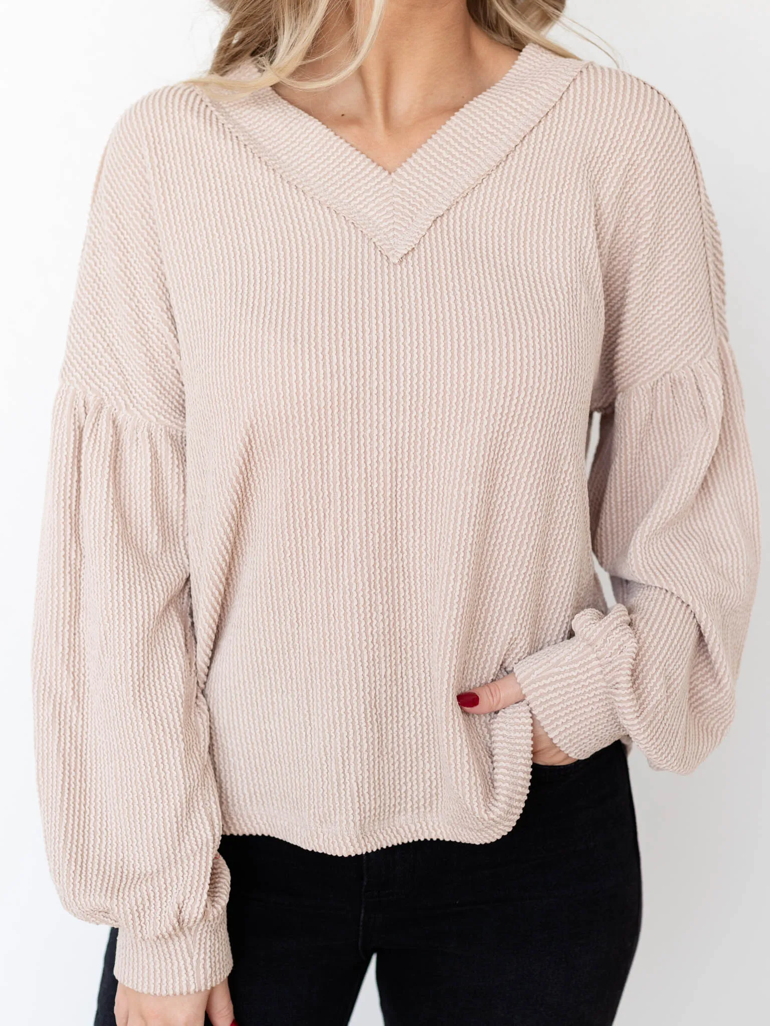 Two Tone Ribbed V-Neck Top