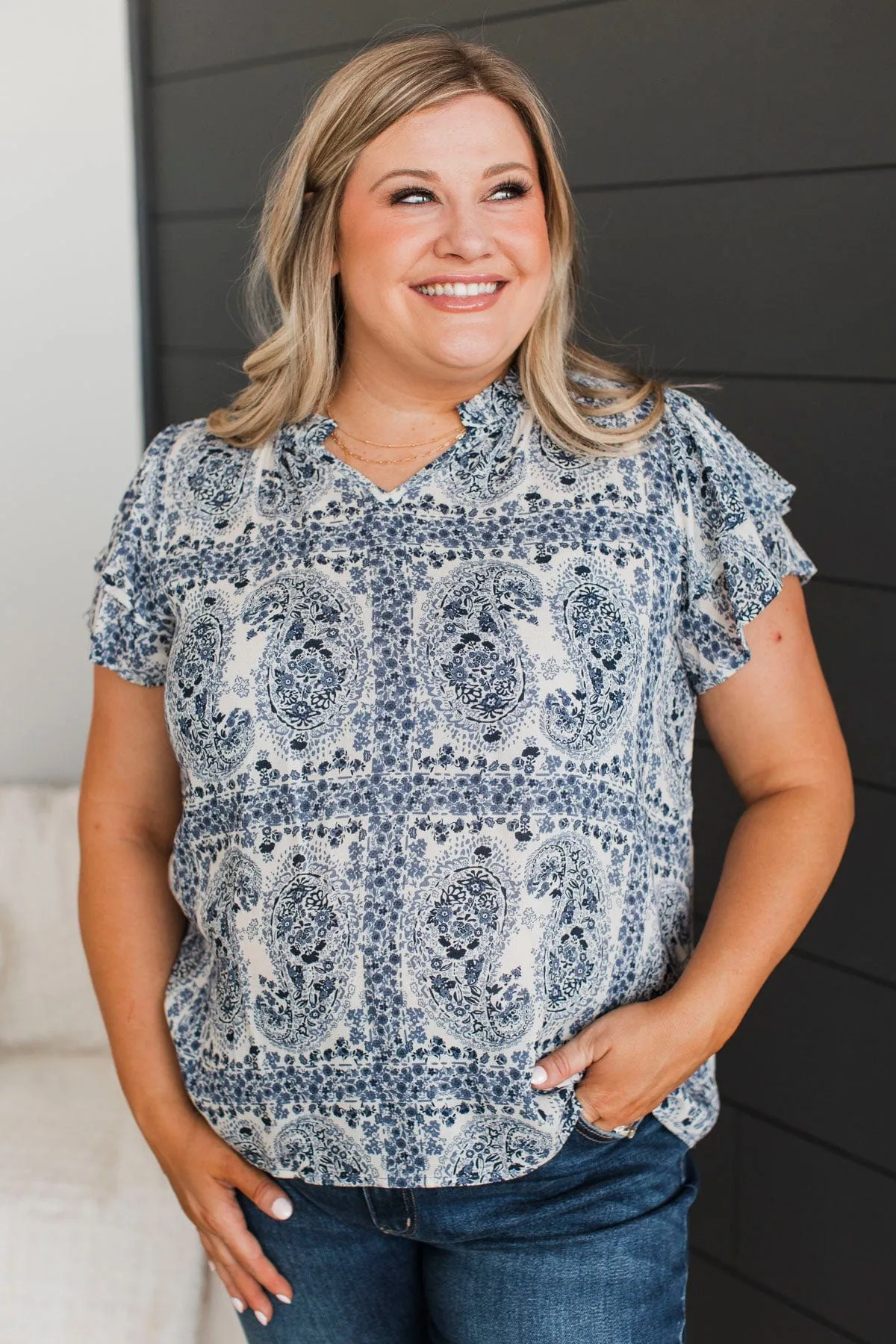 Unreal Beauty Printed Blouse- Denim Blue