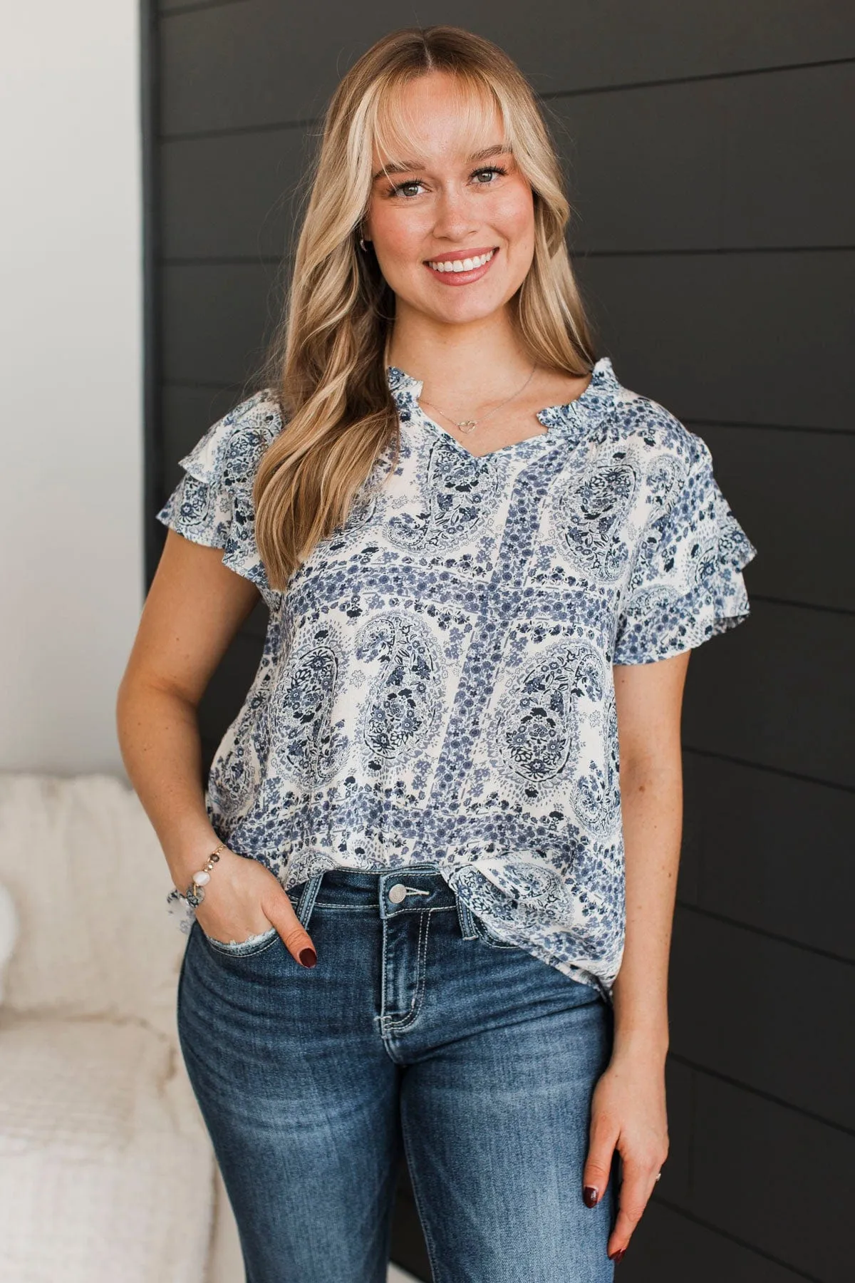 Unreal Beauty Printed Blouse- Denim Blue