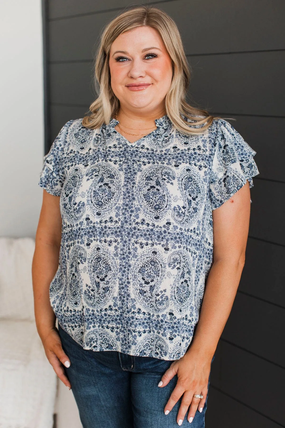 Unreal Beauty Printed Blouse- Denim Blue