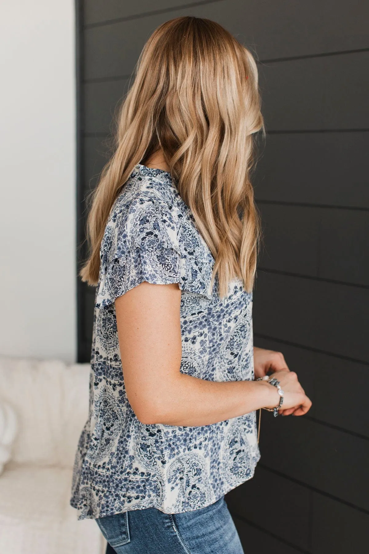 Unreal Beauty Printed Blouse- Denim Blue