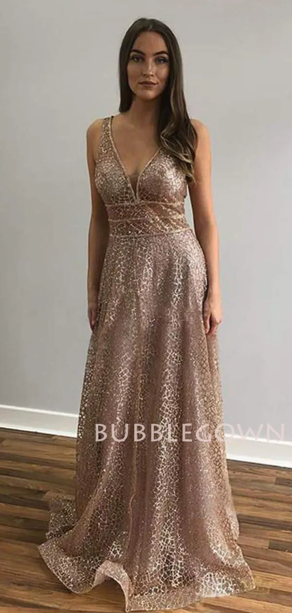 V-neck A-line Sequin Long Evening Prom Dresses, Cheap Custom Prom Dress, MR7621