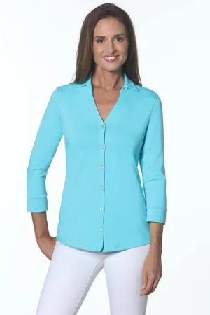 V-Neck Button Down Knit in Turquoise