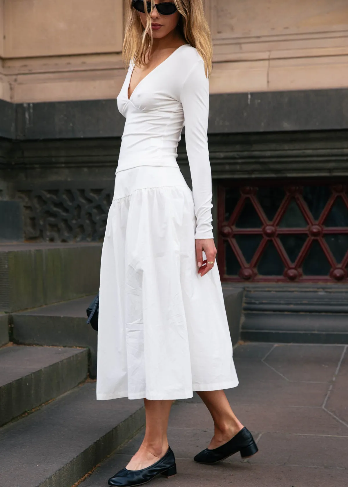 V Neck Long Sleeve Top - White