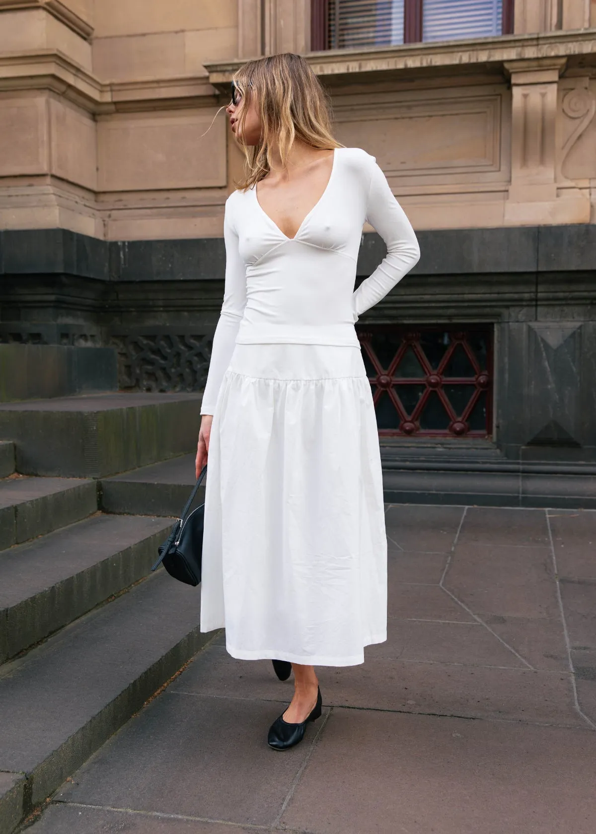 V Neck Long Sleeve Top - White