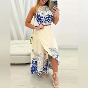 Vibrant Floral Print Skirt Set - Backless Crop Cami Top with Spaghetti Strap,