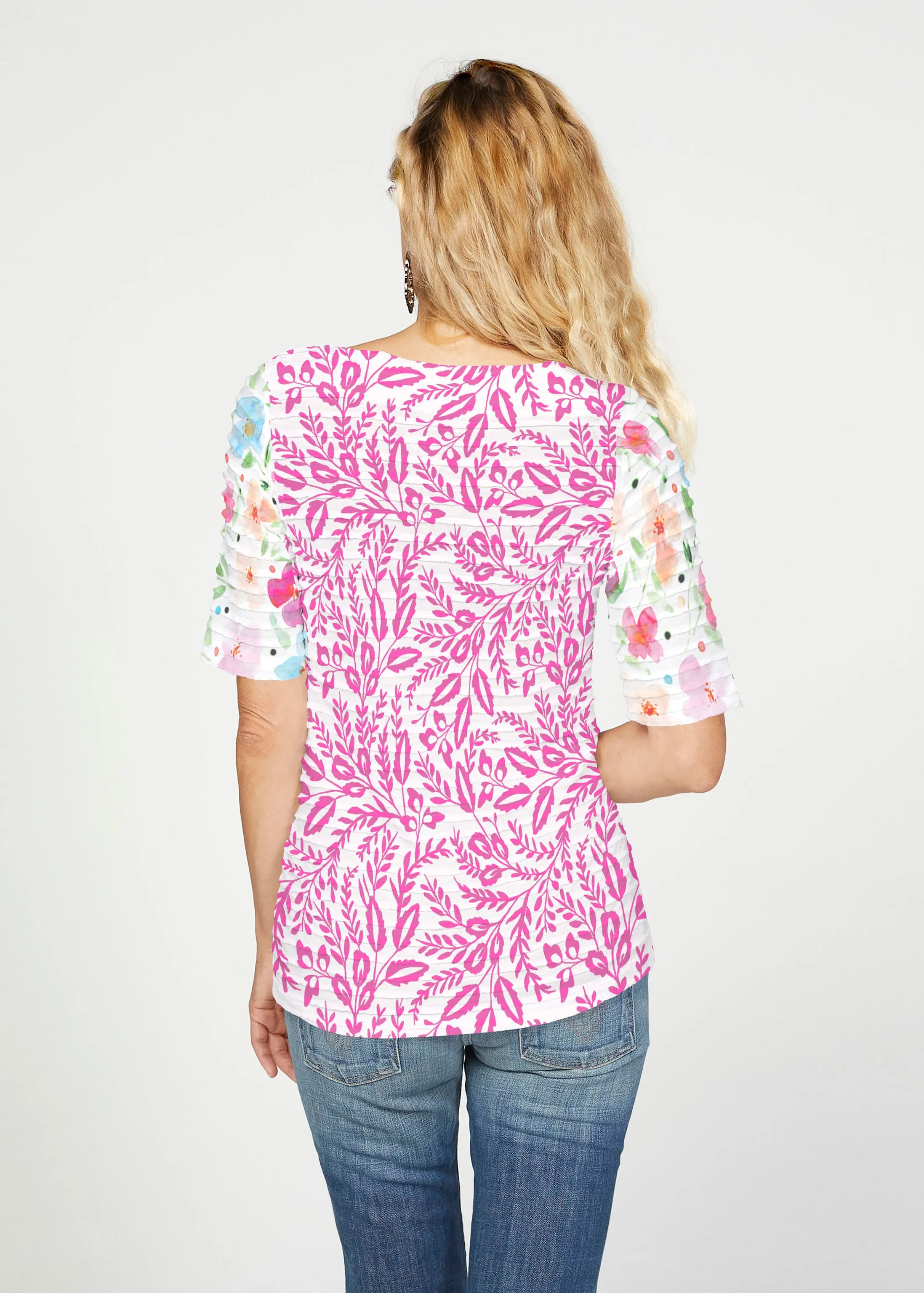 Vibrant Meadow (8026) ~ Banded Elbow Sleeve Boat Neck Top