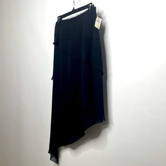 Vintage 90s Y2K Kay Unger Black Silk Skirt Asymmetric Midi Layered A-line