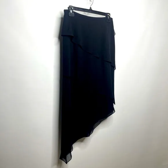 Vintage 90s Y2K Kay Unger Black Silk Skirt Asymmetric Midi Layered A-line