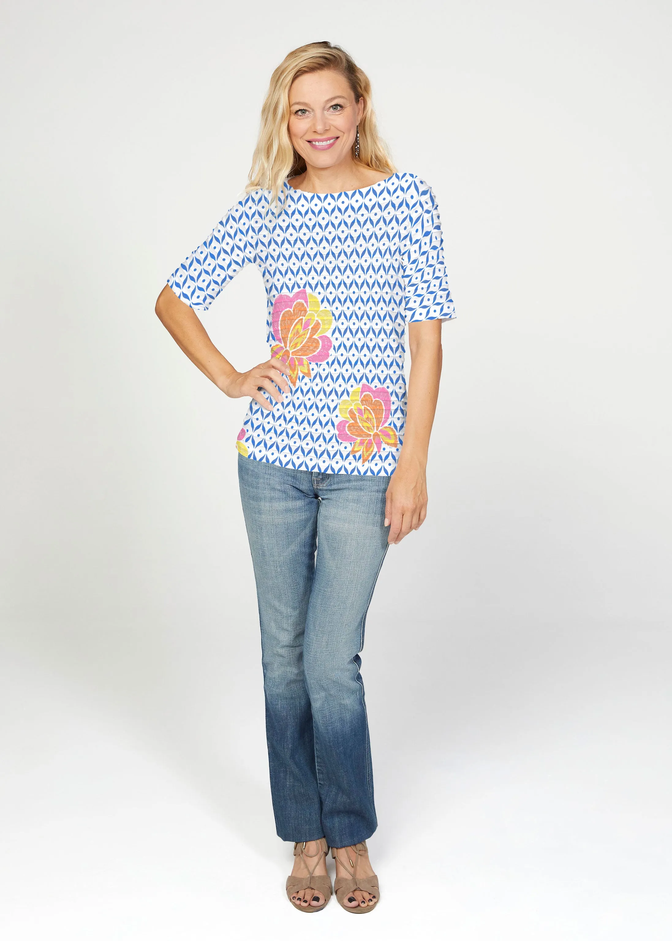 Vintage Blooms (8039) ~ Banded Elbow Sleeve Boat Neck Top