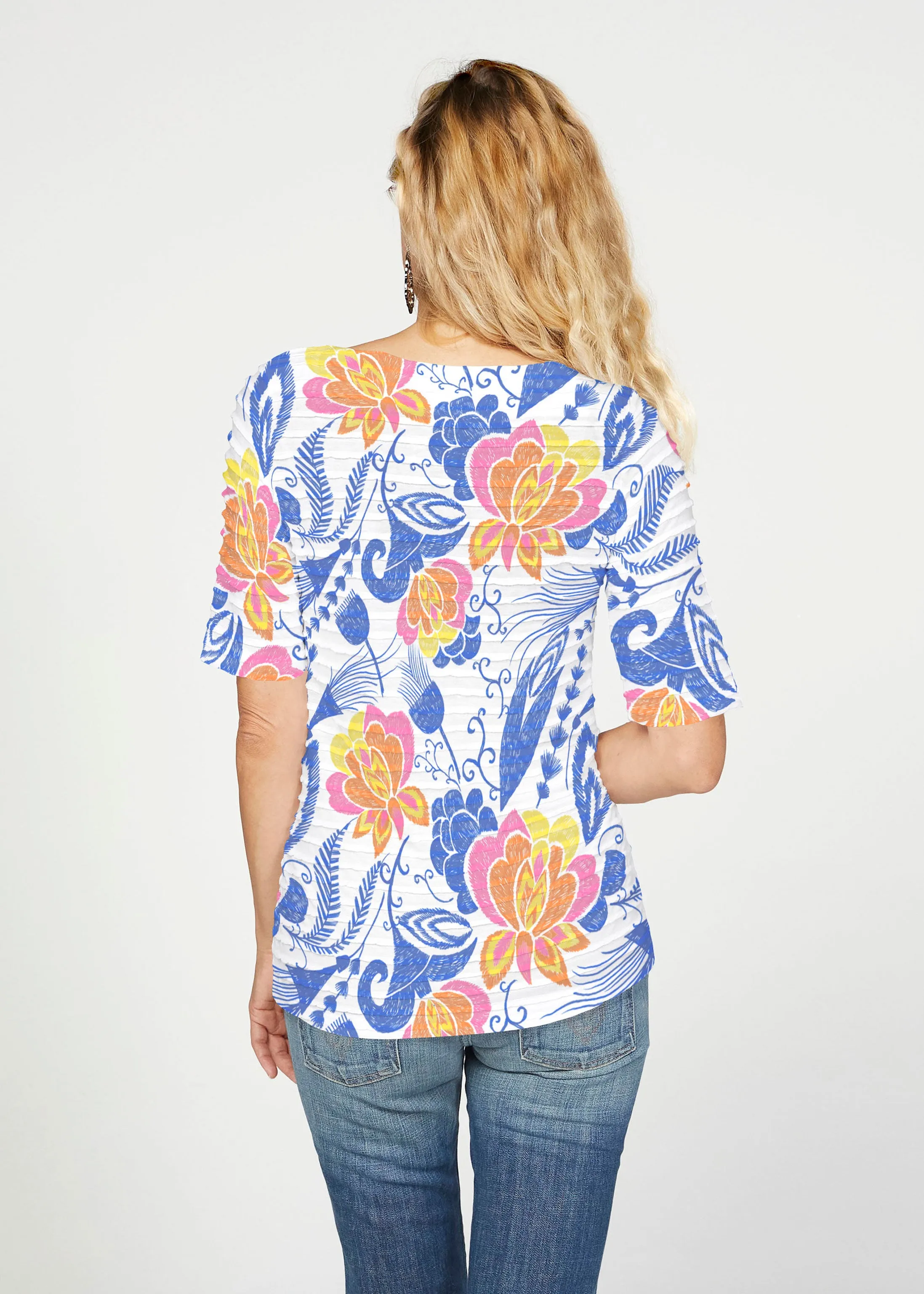Vintage Blooms (8039) ~ Banded Elbow Sleeve Boat Neck Top