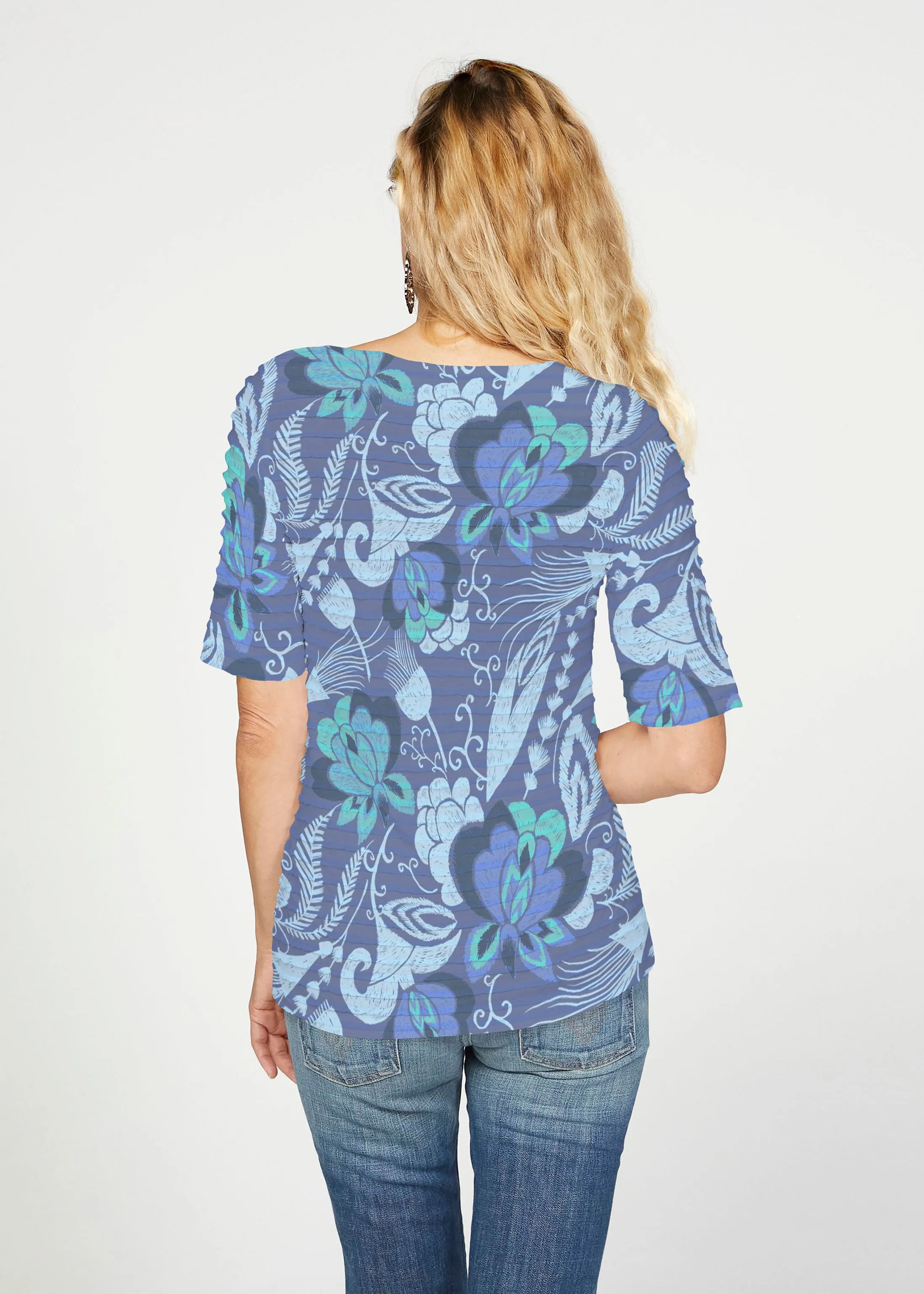 Vintage Blooms Blue (8060) ~ Banded Elbow Sleeve Boat Neck Top