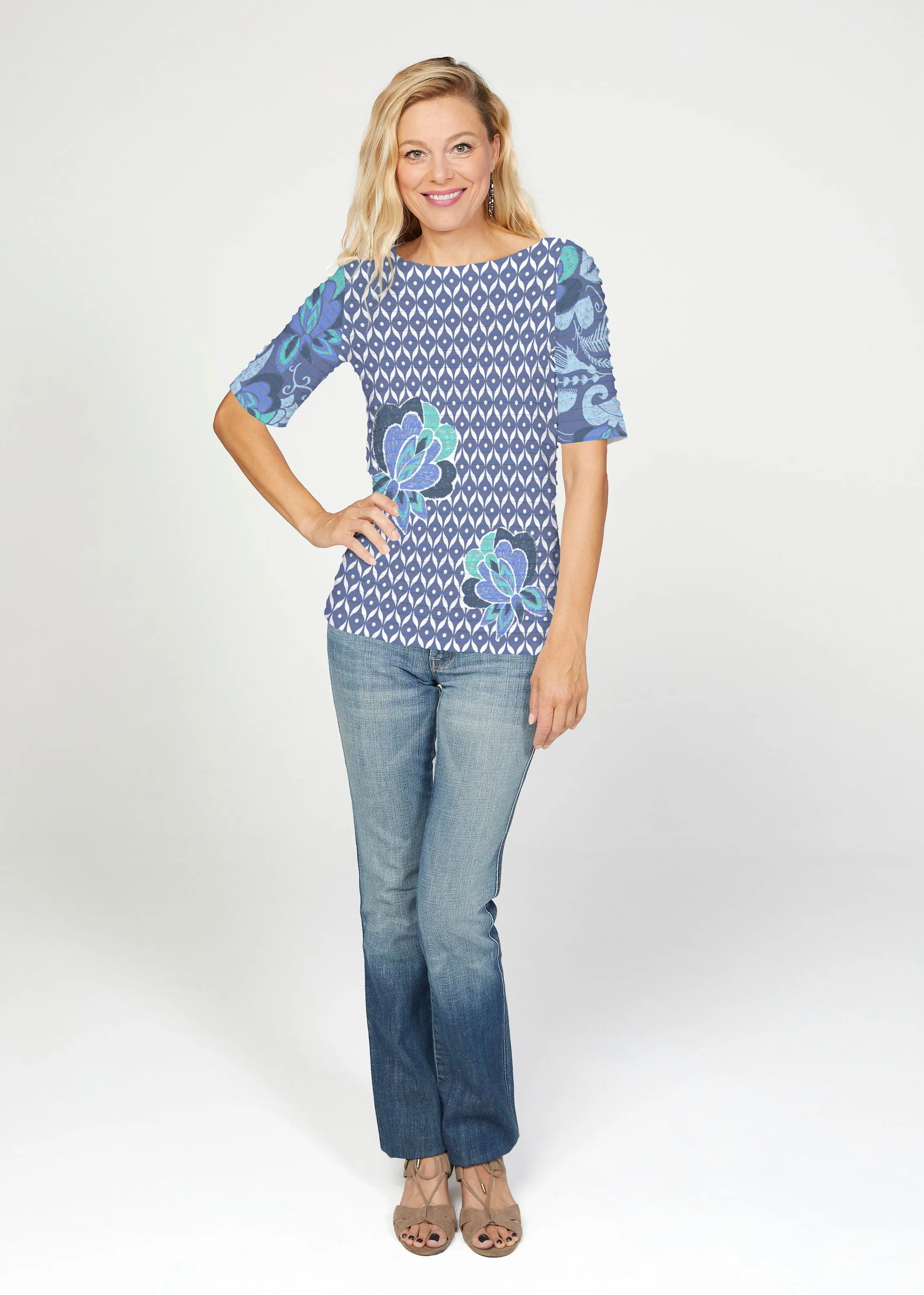 Vintage Blooms Blue (8060) ~ Banded Elbow Sleeve Boat Neck Top